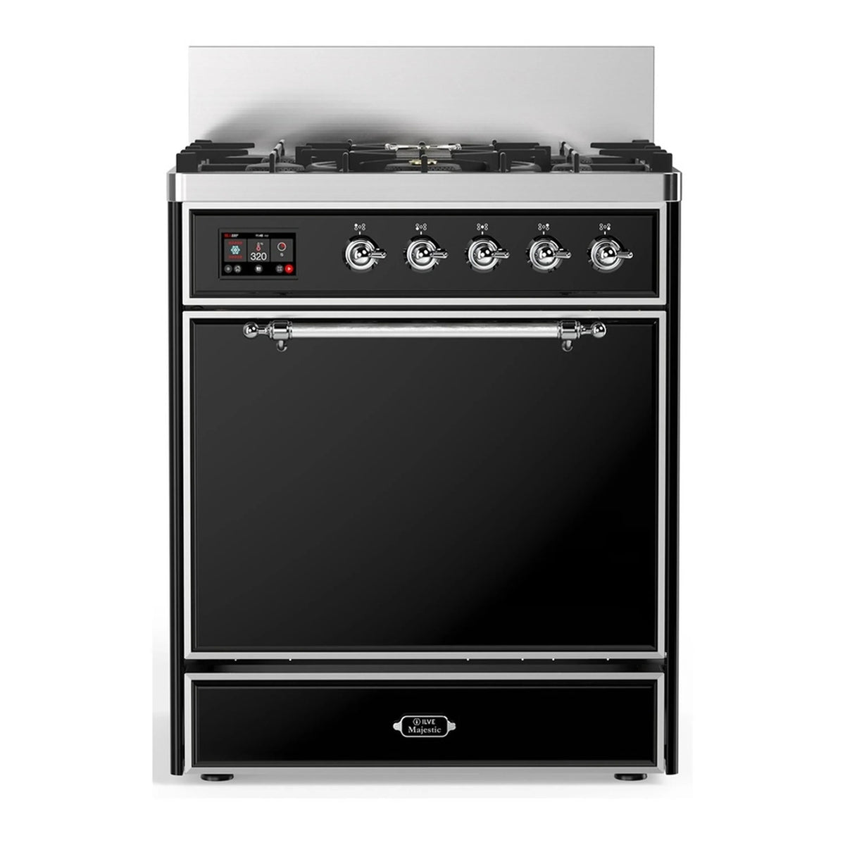 ILVE Majestic III 30-Inch Natural Gas Dual Fuel Range, 5 Burners, Solid Door Oven, Glossy Black with Chrome Trim (UM30QNR3BKC)