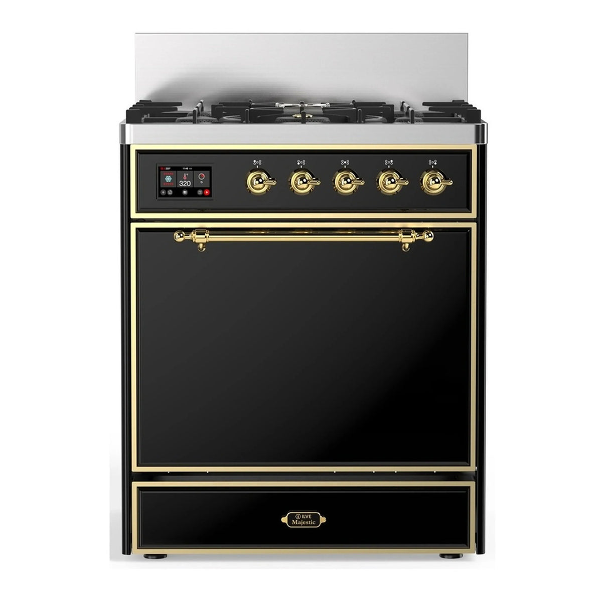 ILVE Majestic III 30-Inch Natural Gas Dual Fuel Range, 5 Burners, Solid Door Oven, Glossy Black with Brass Trim (UM30QNR3BKG)