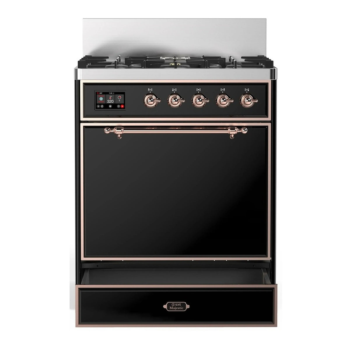 ILVE Majestic III 30-Inch Propane Dual Fuel Range, 5 Burners, Solid Door Oven, Glossy Black with Copper Trim (UM30QNR3BKPLP)