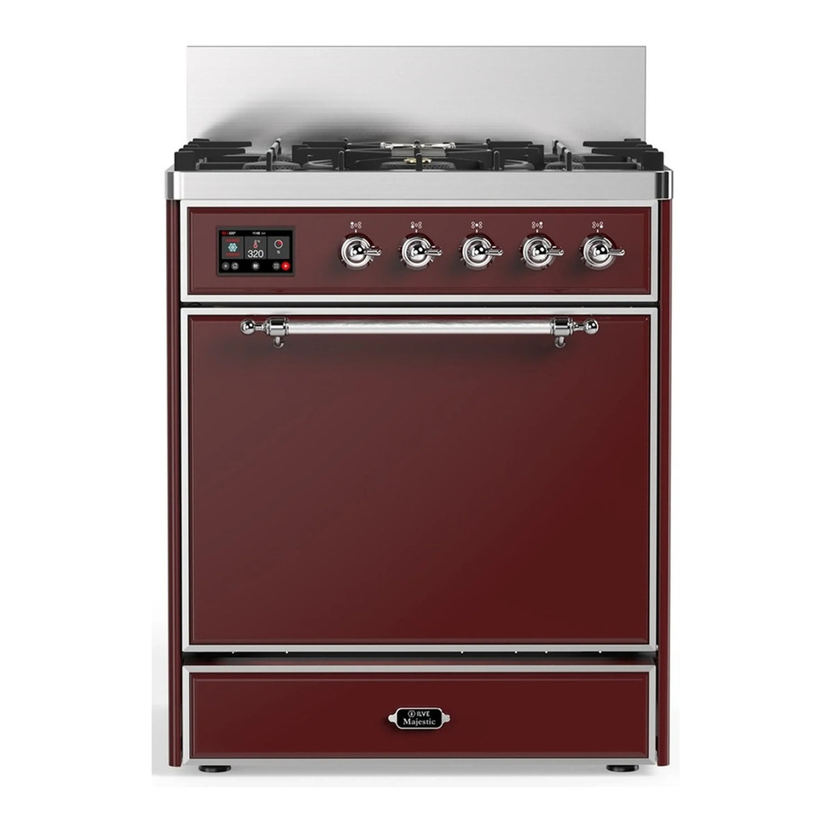 ILVE Majestic III 30-Inch Natural Gas Dual Fuel Range, 5 Burners, Solid Door Oven, Burgundy with Chrome Trim (UM30QNR3BUC)
