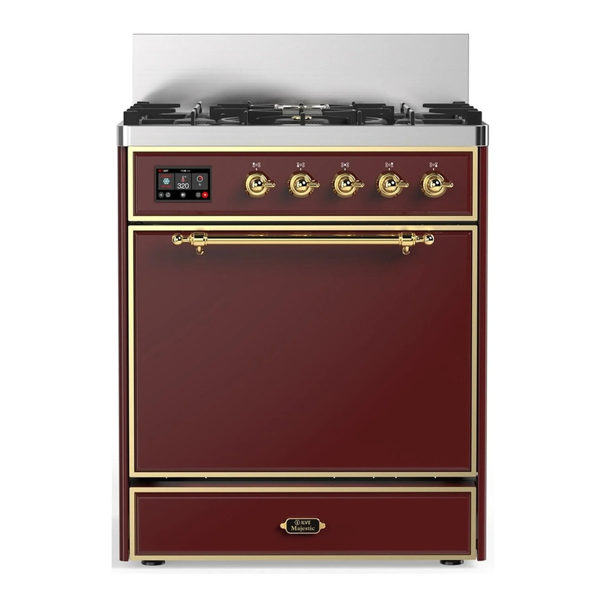 ILVE Majestic III 30-Inch Propane Dual Fuel Range, 5 Burners, Solid Door Oven, Burgundy with Brass Trim (UM30QNR3BUGLP)
