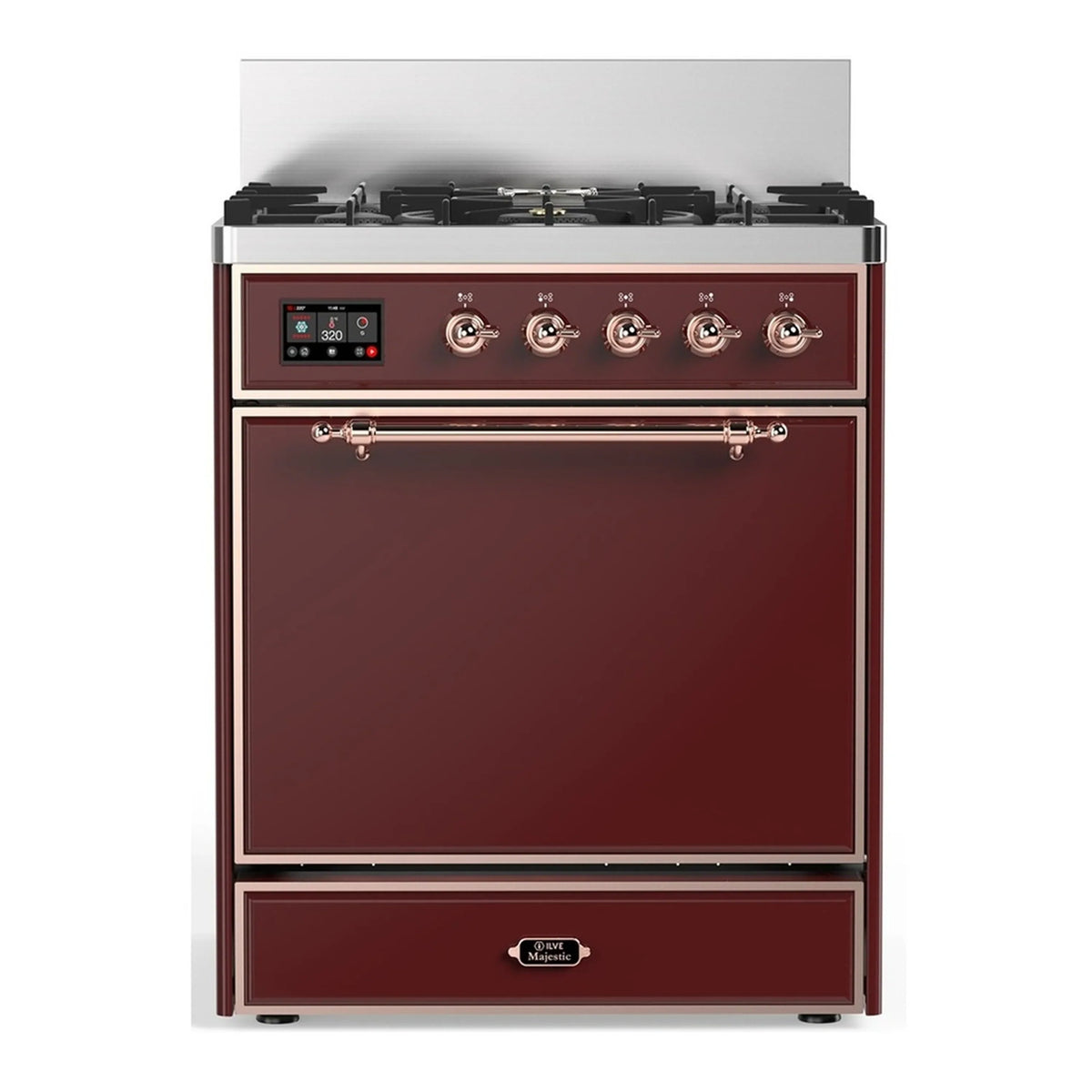 ILVE Majestic III 30-Inch Natural Gas Dual Fuel Range, 5 Burners, Solid Door Oven, Burgundy with Copper Trim (UM30QNR3BUP)