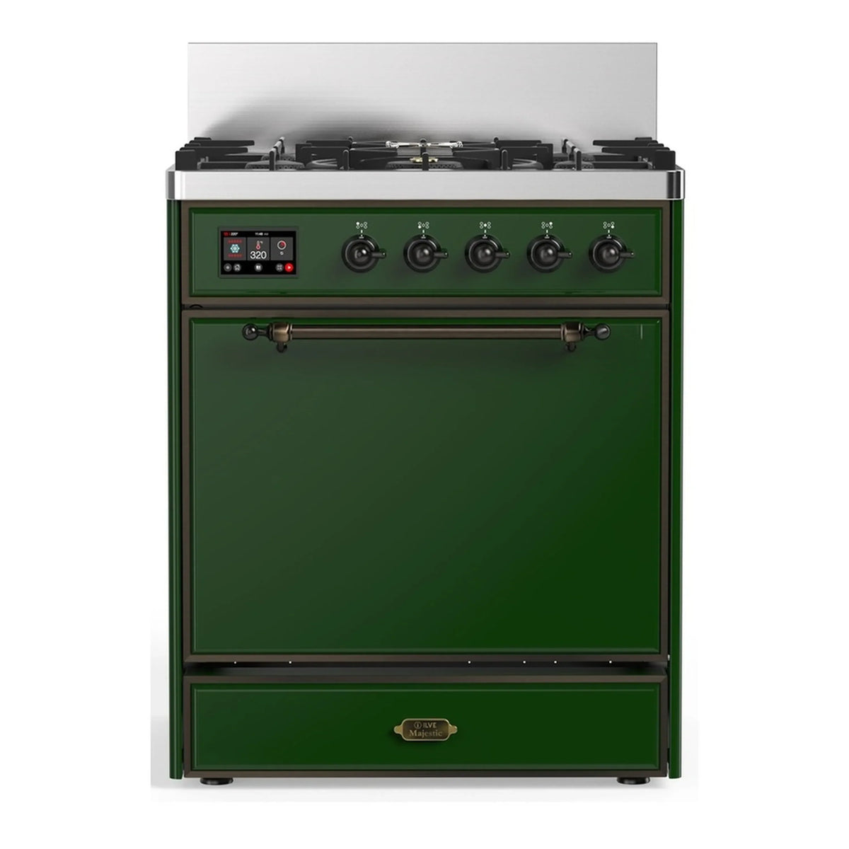 ILVE Majestic III 30-Inch Propane Dual Fuel Range, 5 Burners, Solid Door Oven, Emerald Green with Burnished Trim (UM30QNR3EGBLP)