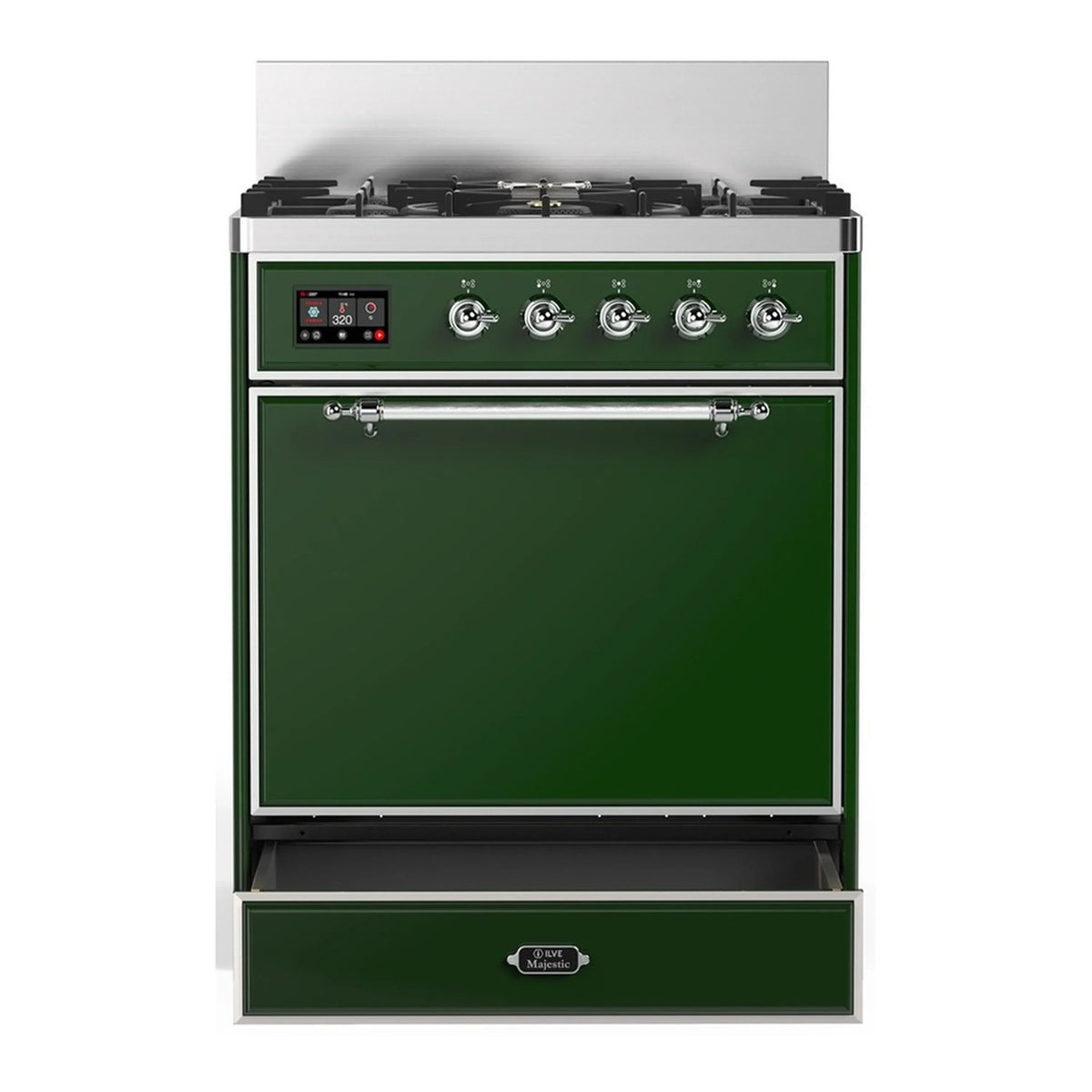 ILVE Majestic III 30-Inch Natural Gas Dual Fuel Range, 5 Burners, Solid Door Oven, Emerald Green with Chrome Trim (UM30QNR3EGC)