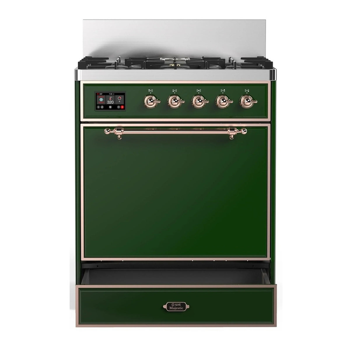 ILVE Majestic III 30-Inch Natural Gas Dual Fuel Range, 5 Burners, Solid Door Oven, Emerald Green with Copper Trim (UM30QNR3EGP)