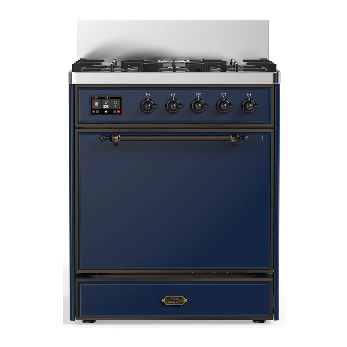 ILVE Majestic III 30-Inch Propane Dual Fuel Range, 5 Burners, Solid Door Oven, Midnight Blue with Burnished Trim (UM30QNR3MBBLP)