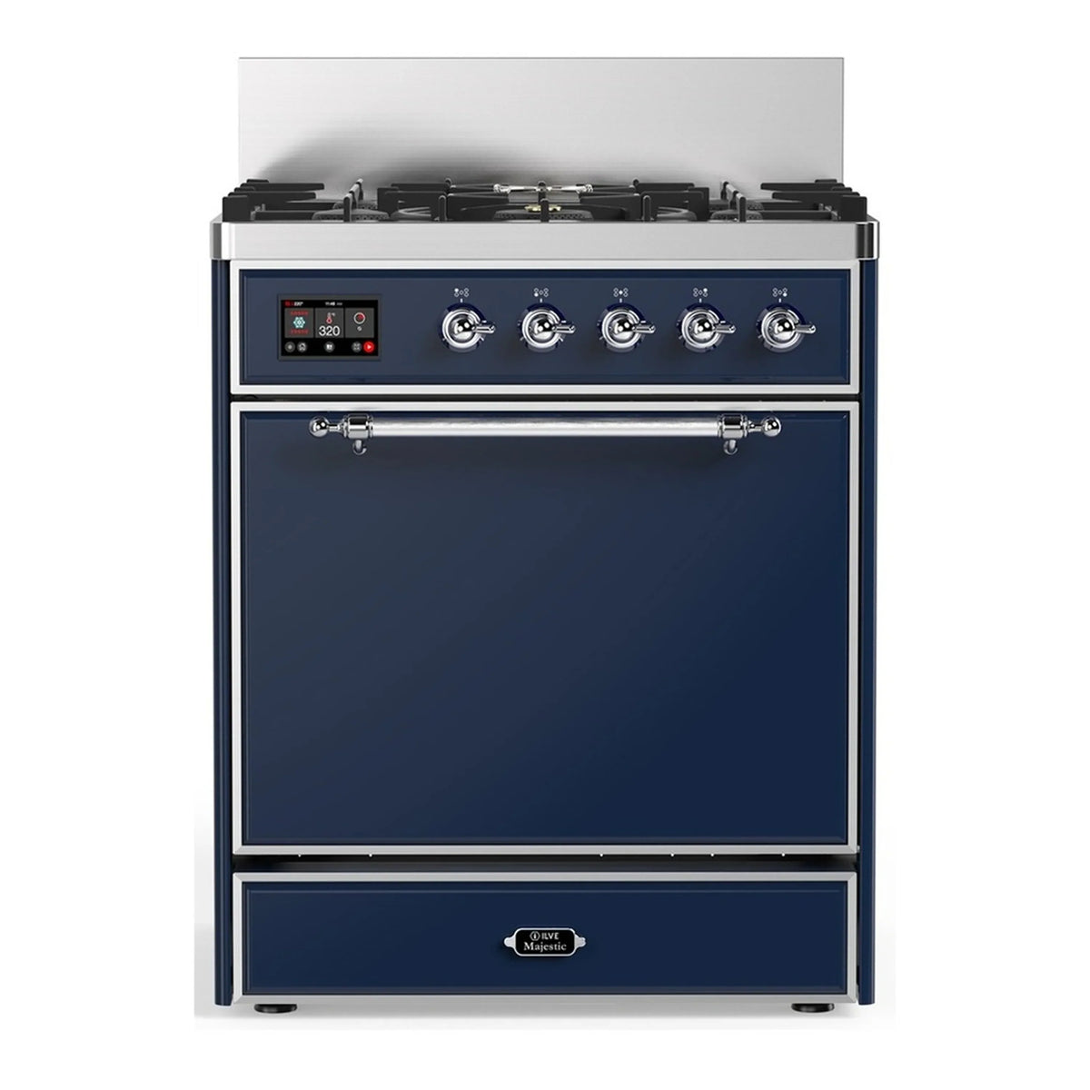 ILVE Majestic III 30-Inch Propane Dual Fuel Range, 5 Burners, Solid Door Oven, Midnight Blue with Chrome Trim (UM30QNR3MBCLP)