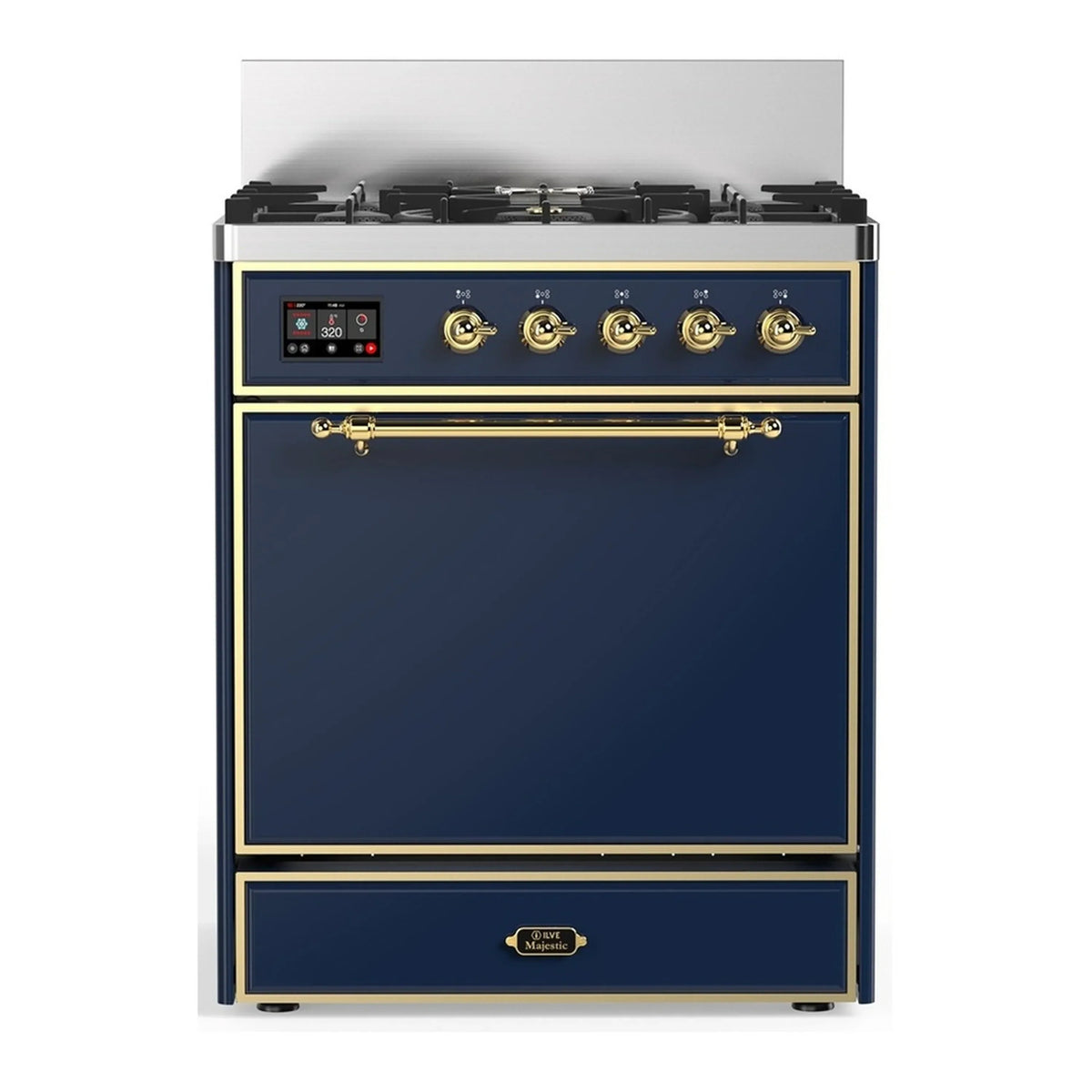 ILVE Majestic III 30-Inch Propane Dual Fuel Range, 5 Burners, Solid Door Oven, Midnight Blue with Brass Trim (UM30QNR3MBGLP)
