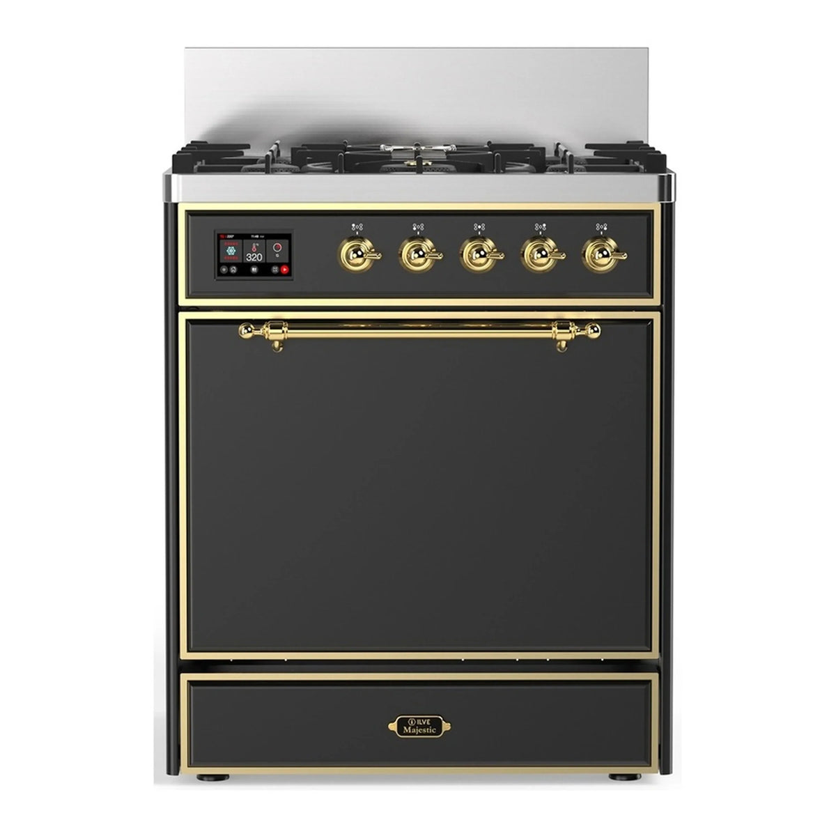 ILVE Majestic III 30-Inch Natural Gas Dual Fuel Range, 5 Burners, Solid Door Oven, Graphite Matte with Brass Trim (UM30QNR3MGG)