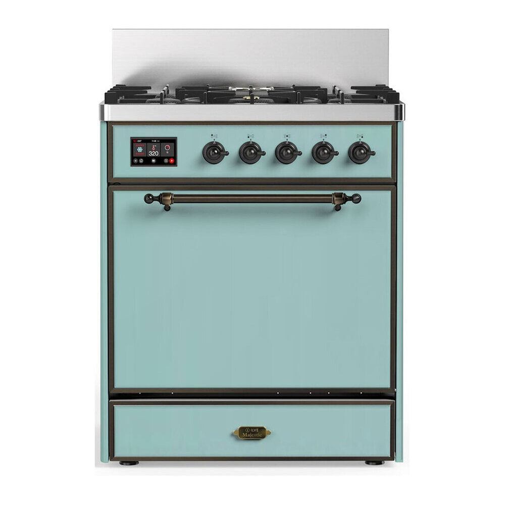 ILVE Majestic III 30-Inch Natural Gas Dual Fuel Range, 5 Burners, Solid Door Oven, Mediterranean Mint with Burnished Trim (UM30QNR3MMB)
