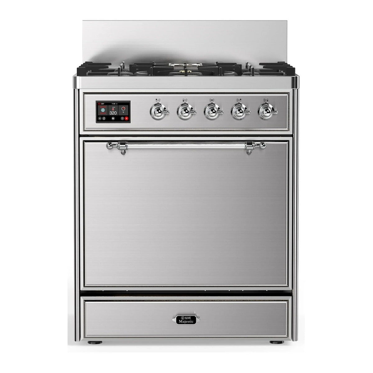 ILVE Majestic III 30-Inch Natural Gas Dual Fuel Range, 5 Burners, Solid Door Oven, Stainless Steel with Chrome Trim (UM30QNR3SSC)