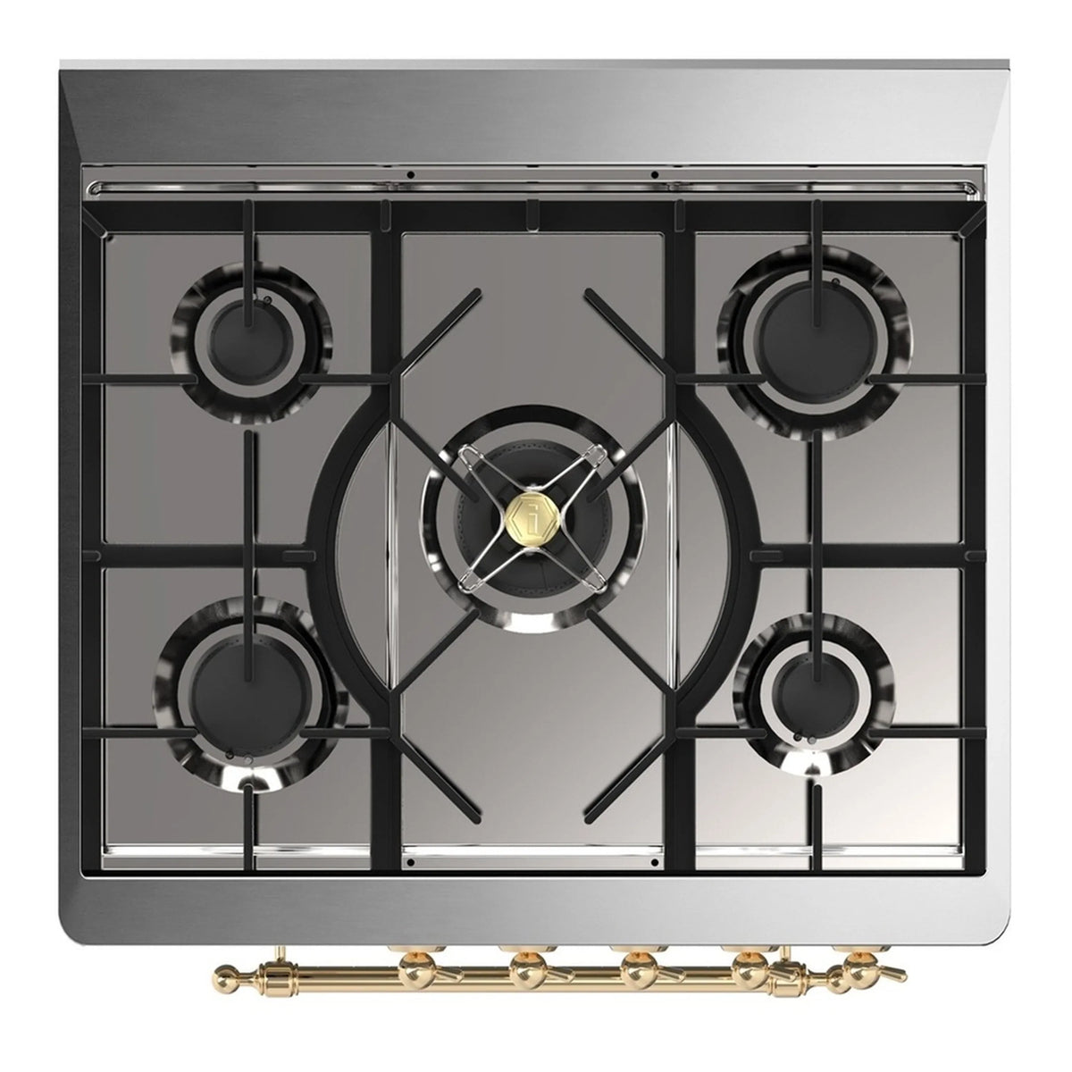 ILVE Majestic III 30-Inch Natural Gas Dual Fuel Range, 5 Burners, Solid Door Oven, Stainless Steel with Brass Trim (UM30QNR3SSG)