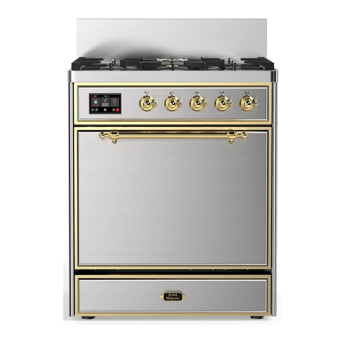 ILVE Majestic III 30-Inch Propane Dual Fuel Range, 5 Burners, Solid Door Oven, Stainless Steel with Brass Trim (UM30QNR3SSGLP)