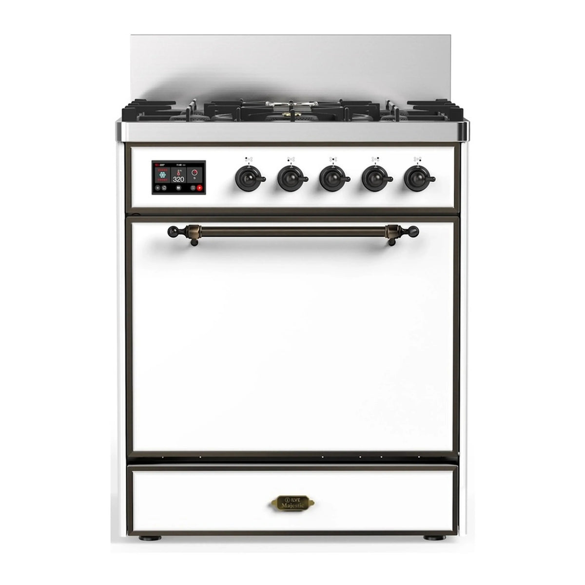 ILVE Majestic III 30-Inch Natural Gas Dual Fuel Range, 5 Burners, Solid Door Oven, White with Burnished Trim (UM30QNR3WHB)