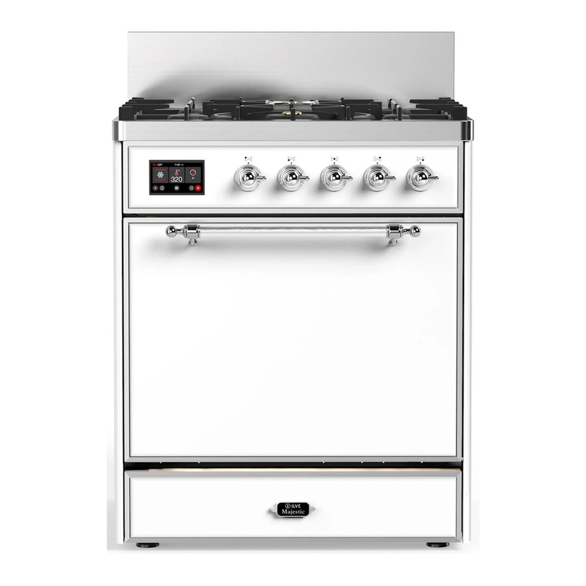 ILVE Majestic III 30-Inch Natural Gas Dual Fuel Range, 5 Burners, Solid Door Oven, White with Chrome Trim (UM30QNR3WHC)