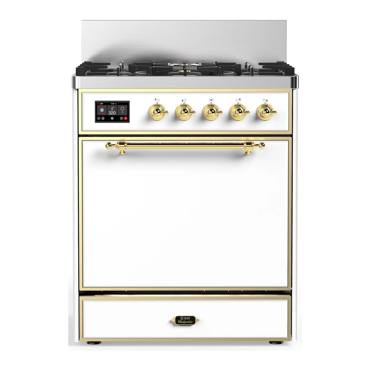 ILVE Majestic III 30-Inch Natural Gas Dual Fuel Range, 5 Burners, Solid Door Oven, White with Brass Trim (UM30QNR3WHG)