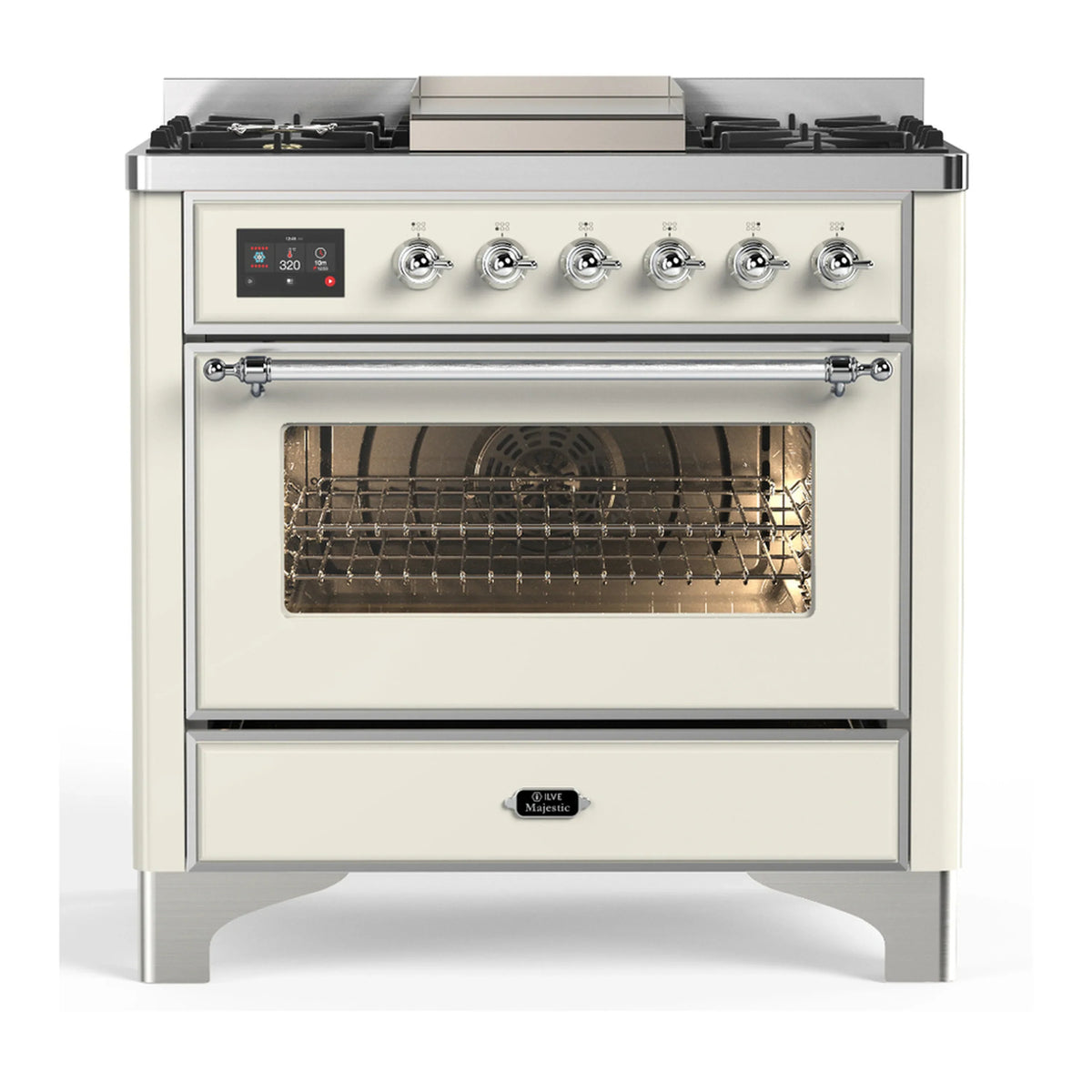 ILVE Majestic III 36-Inch Natural Gas Dual Fuel Range, 6 Burners, Griddle, Triple Glass Door, Antique White with Chrome Trim (UM36FNR3AWC)