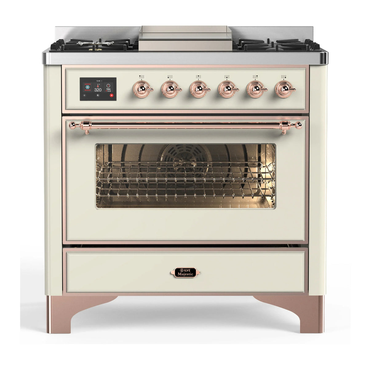 ILVE Majestic III 36-Inch Propane Dual Fuel Range, 5 Burners, Griddle, Triple Glass Door, Antique White with Copper Trim (UM36FNR3AWPLP)