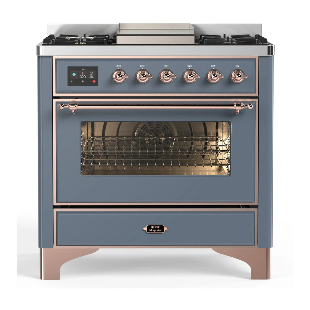ILVE Majestic III 36-Inch Natural Gas Dual Fuel Range, 6 Burners, Griddle, Triple Glass Door, Blue Grey with Copper Trim (UM36FNR3BGP)
