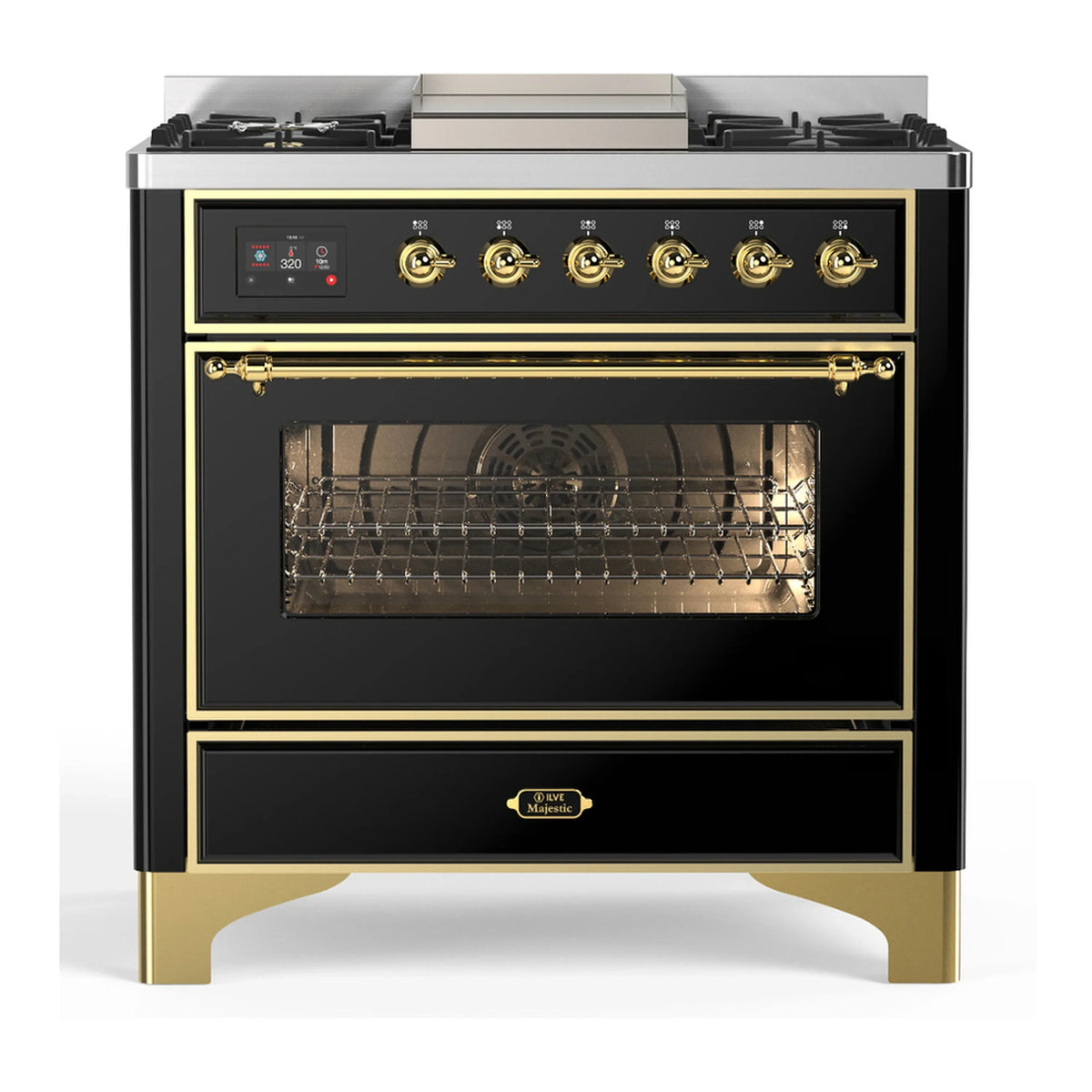 ILVE Majestic III 36-Inch Propane Dual Fuel Range, 5 Burners, Griddle, Triple Glass Door, Glossy Black with Brass Trim (UM36FNR3BKGLP)
