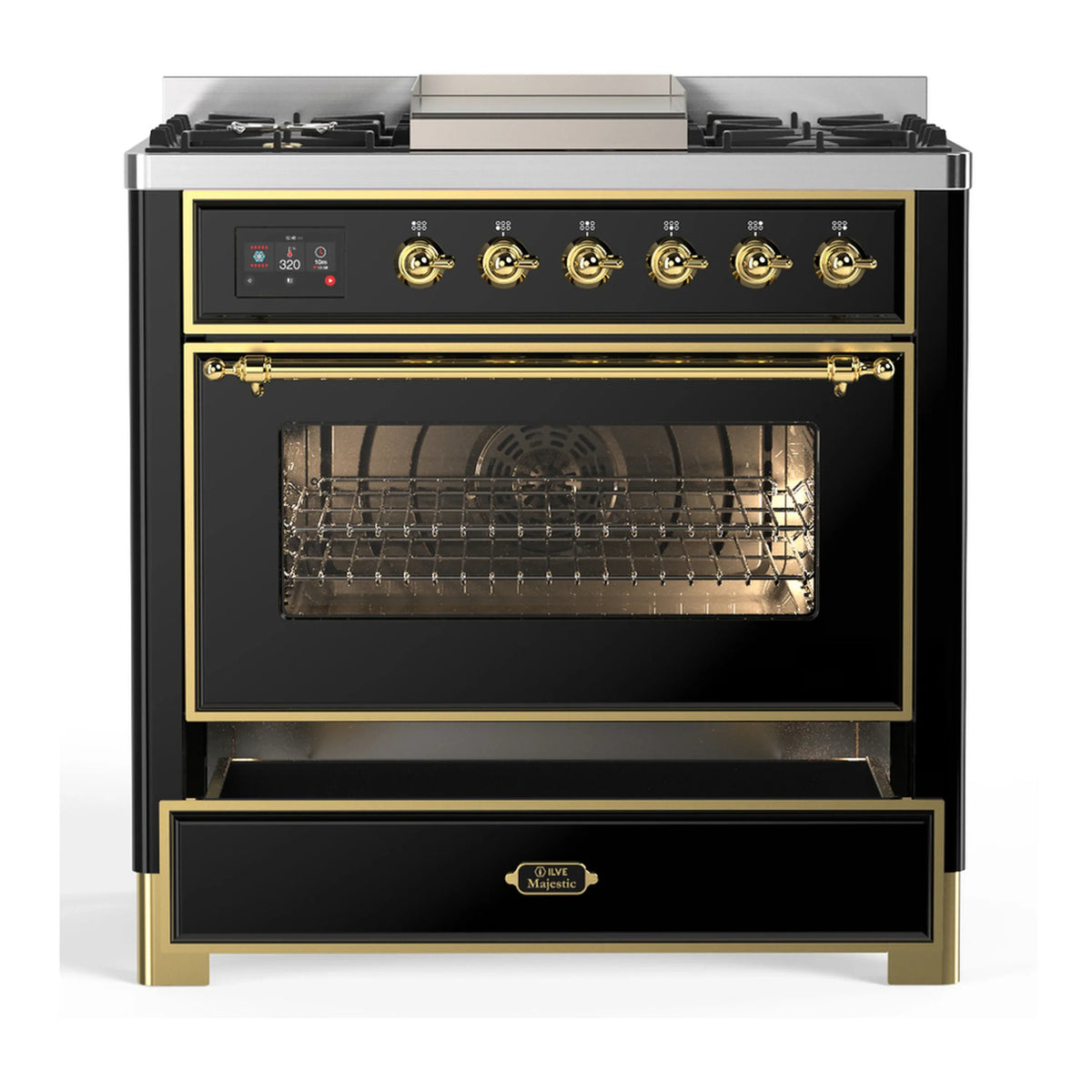 ILVE Majestic III 36-Inch Natural Gas Dual Fuel Range, 6 Burners, Griddle, Triple Glass Door, Glossy Black with Brass Trim (UM36FNR3BKG)