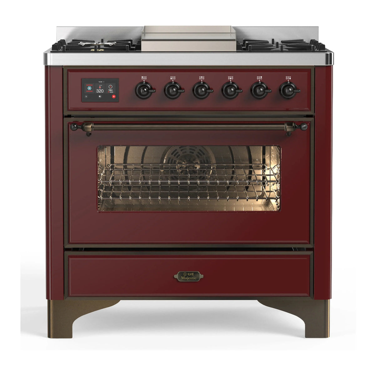 ILVE Majestic III 36-Inch Propane Dual Fuel Range, 5 Burners, Griddle, Triple Glass Door, Burgundy with Burnished Trim (UM36FNR3BUBLP)