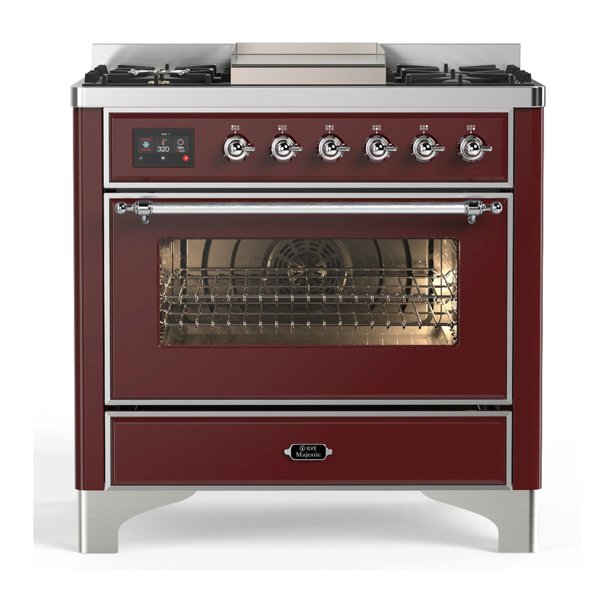ILVE Majestic III 36-Inch Propane Dual Fuel Range, 5 Burners, Griddle, Triple Glass Door, Burgundy with Chrome Trim (UM36FNR3BUCLP)