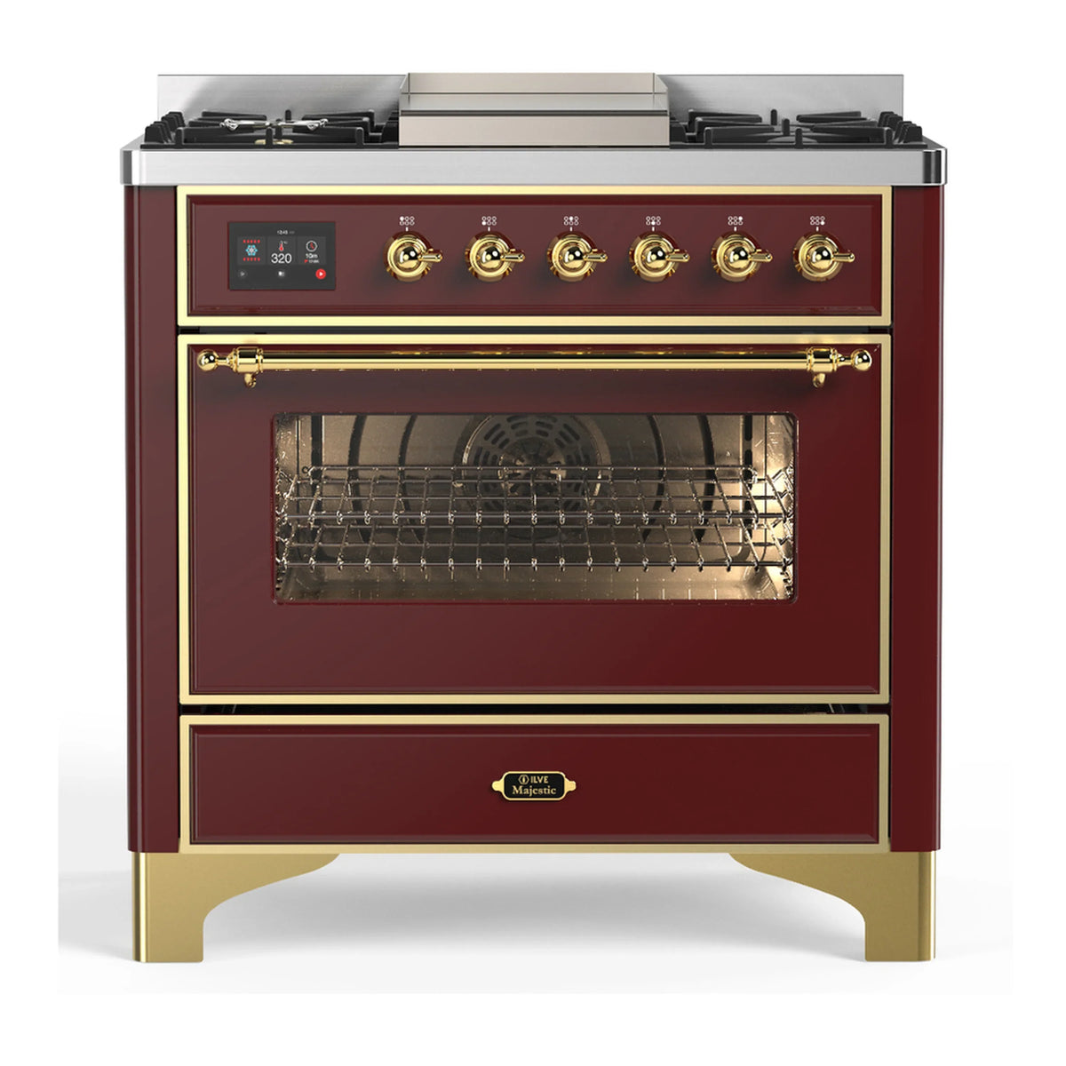 ILVE Majestic III 36-Inch Propane Dual Fuel Range, 5 Burners, Griddle, Triple Glass Door, Burgundy with Brass Trim (UM36FNR3BUGLP)
