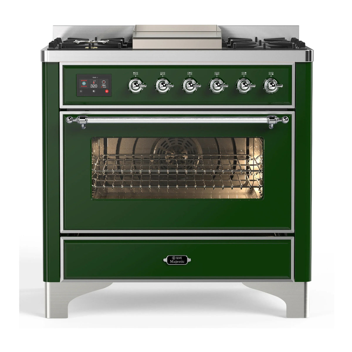 ILVE Majestic III 36-Inch Natural Gas Dual Fuel Range, 6 Burners, Griddle, Triple Glass Door, Emerald Green with Chrome Trim (UM36FNR3EGC)