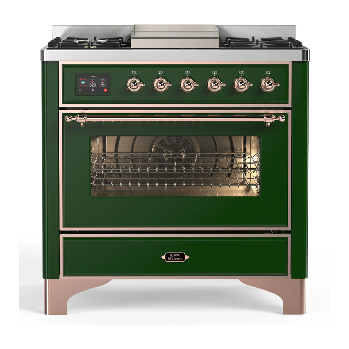 ILVE Majestic III 36-Inch Natural Gas Dual Fuel Range, 6 Burners, Griddle, Triple Glass Door, Emerald Green with Copper Trim (UM36FNR3EGP)