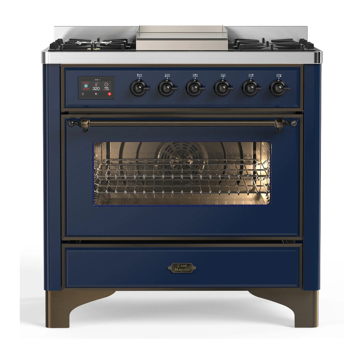ILVE Majestic III 36-Inch Propane Dual Fuel Range, 5 Burners, Griddle, Triple Glass Door, Midnight Blue with Burnished Trim (UM36FNR3MBBLP)