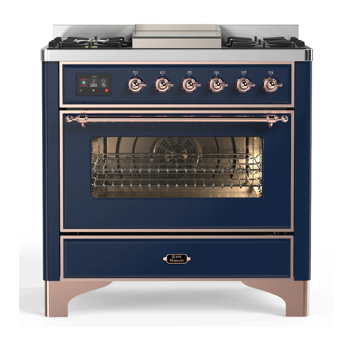 ILVE Majestic III 36-Inch Propane Dual Fuel Range, 5 Burners, Griddle, Triple Glass Door, Midnight Blue with Copper Trim (UM36FNR3MBPLP)