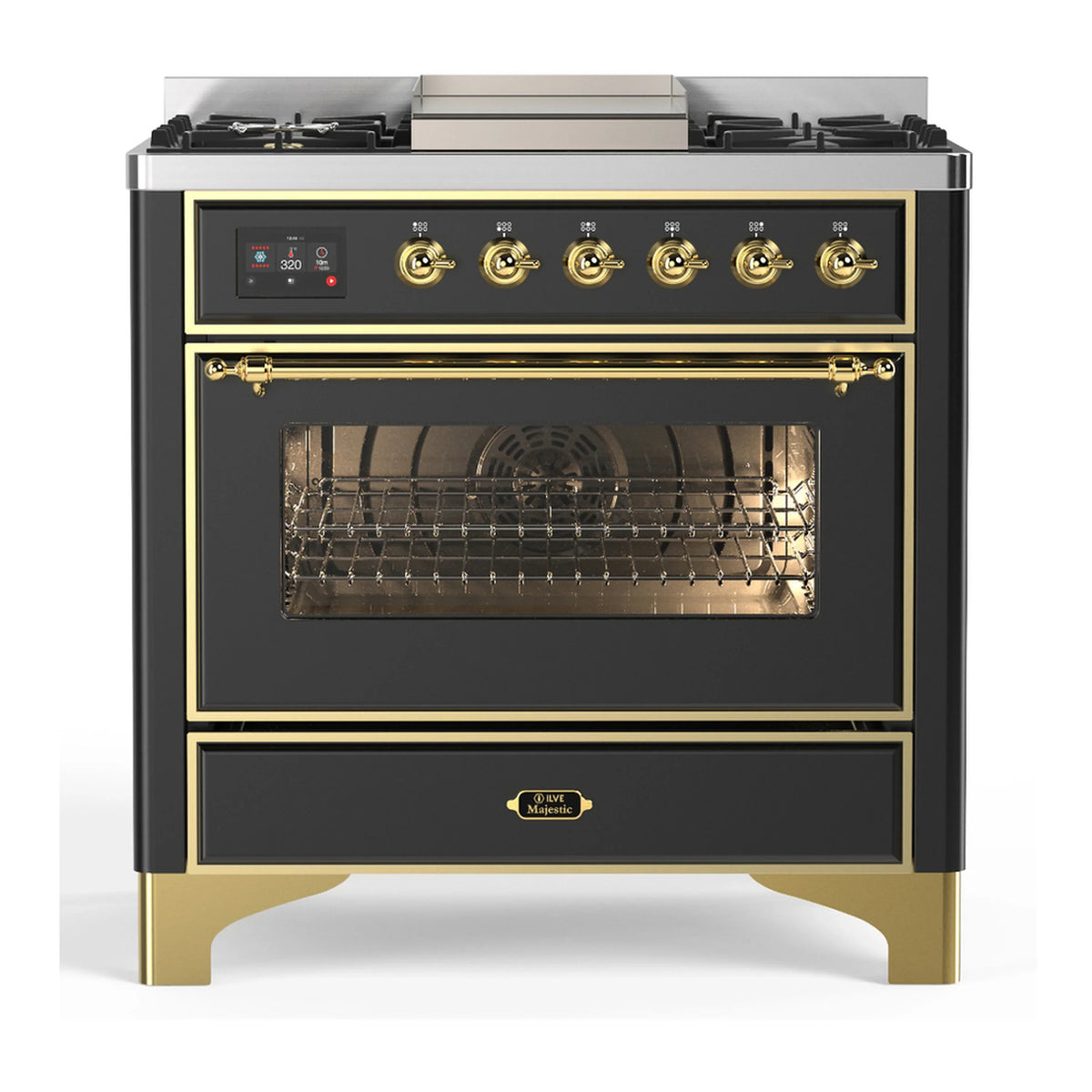 ILVE Majestic III 36-Inch Natural Gas Dual Fuel Range, 6 Burners, Griddle, Triple Glass Door, Matte Graphite with Brass Trim (UM36FNR3MGG)