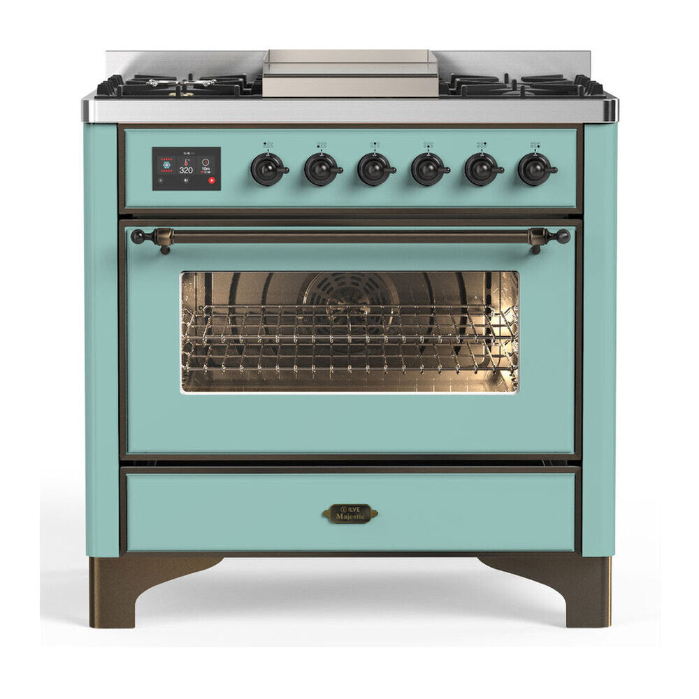 ILVE Majestic III 36-Inch Natural Gas Dual Fuel Range, 6 Burners, Griddle, Triple Glass Door, Mediterranean Mint with Burnished Trim (UM36FNR3MMB)