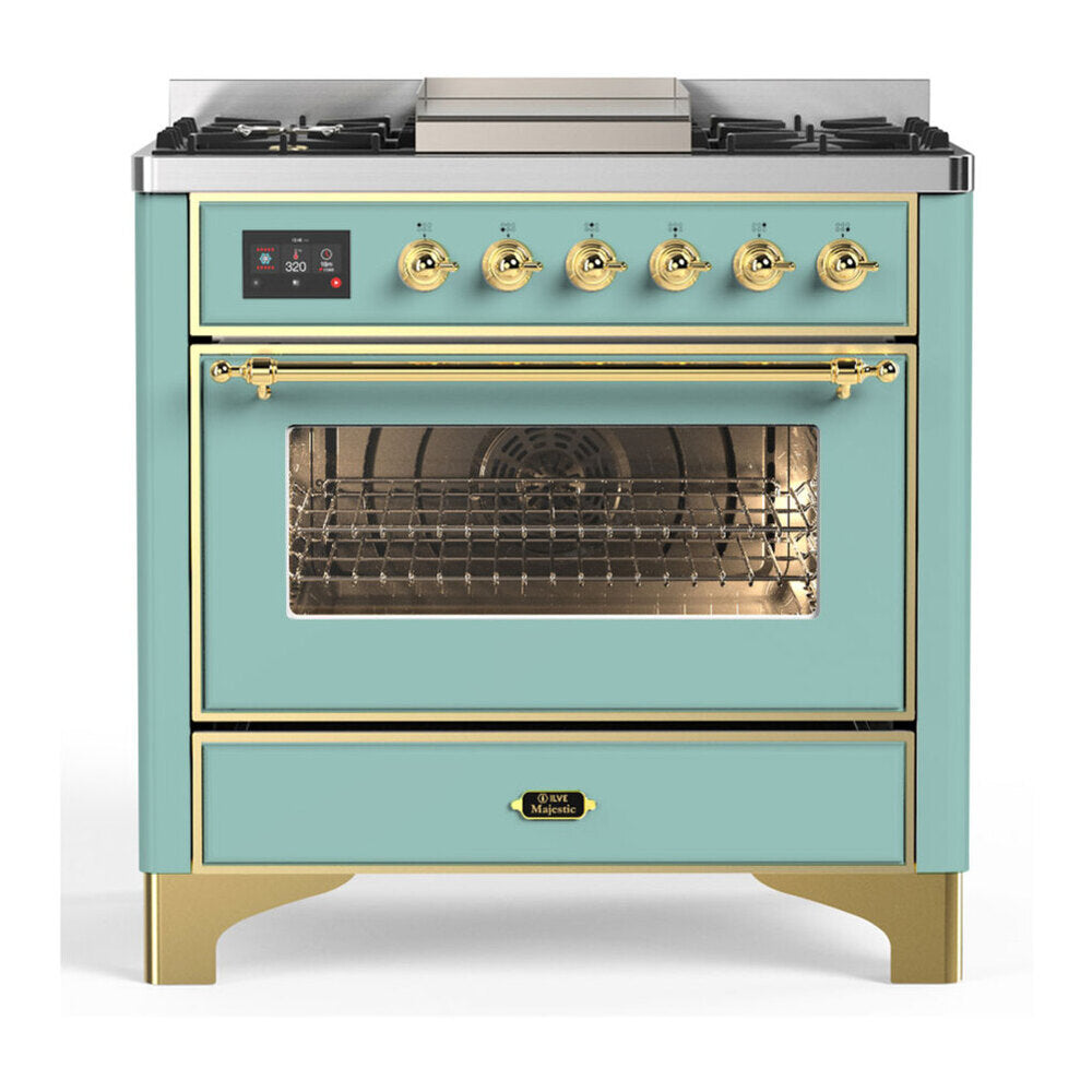 ILVE Majestic III 36-Inch Natural Gas Dual Fuel Range, 6 Burners, Griddle, Triple Glass Door, Mediterranean Mint with Brass Trim (UM36FNR3MMG)