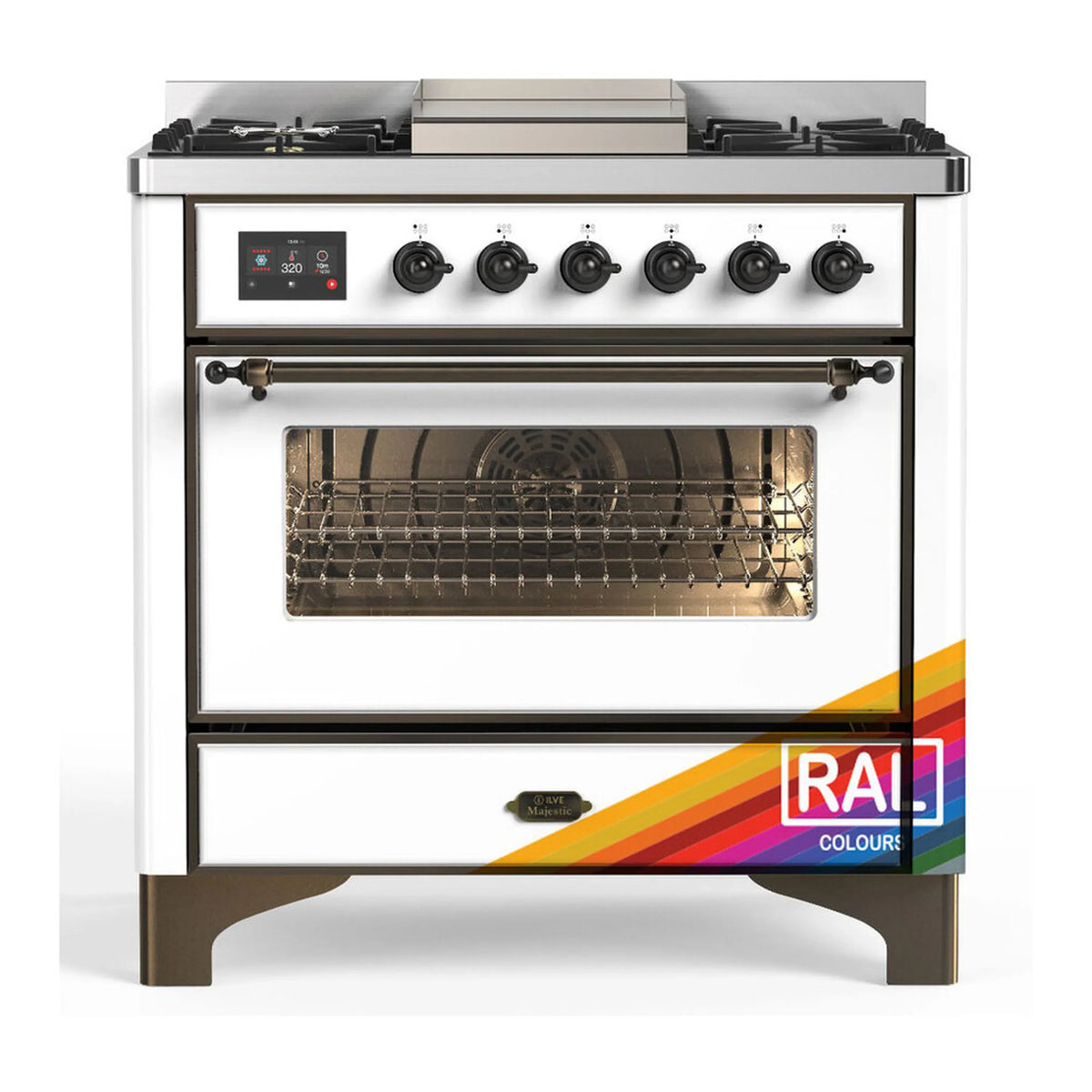 ILVE Majestic III 36-Inch Propane Dual Fuel Range, 5 Burners, Griddle, Triple Glass Door, RAL with Burnished Trim (UM36FNR3RABLP)