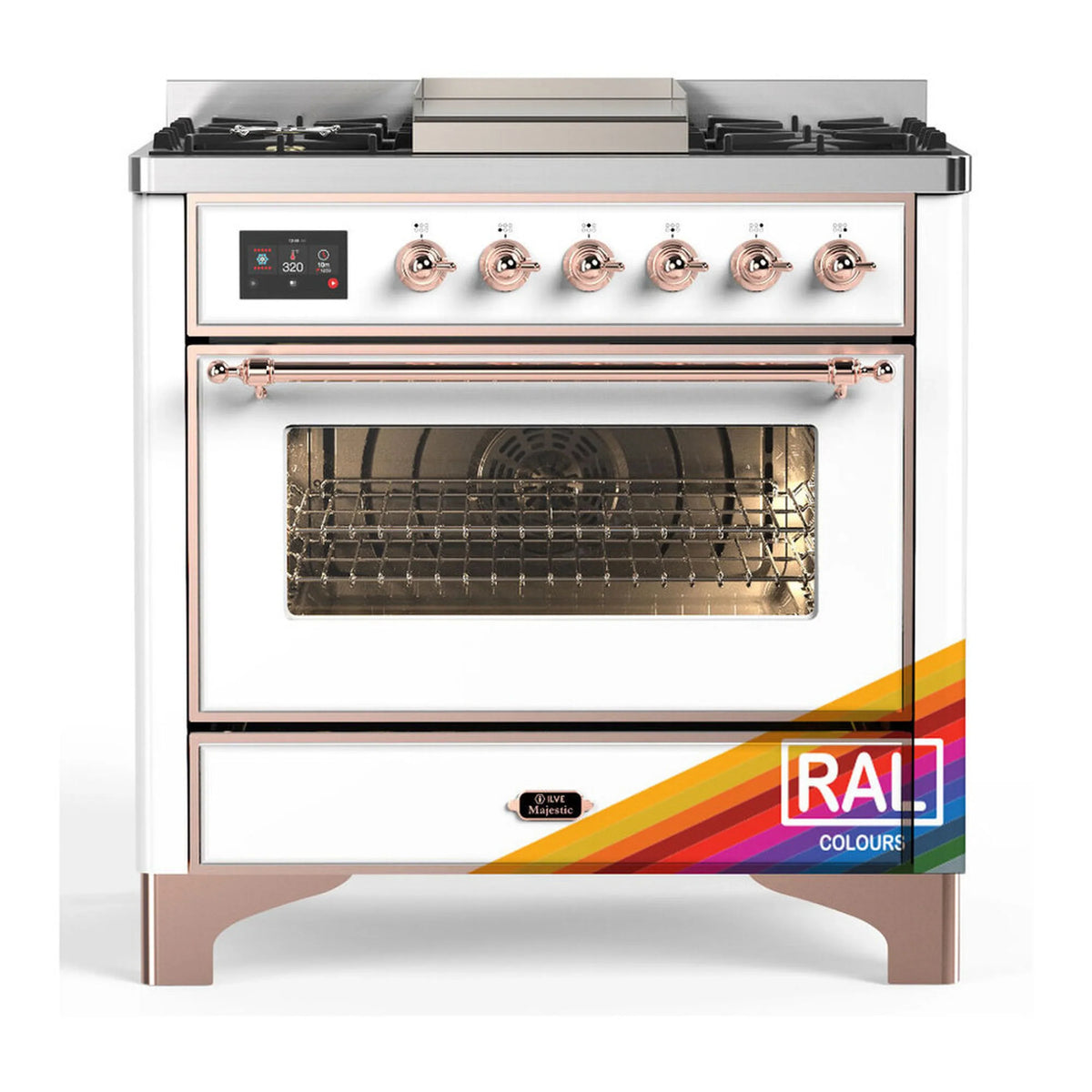 ILVE Majestic III 36-Inch Natural Gas Dual Fuel Range, 6 Burners, Griddle, Triple Glass Door, RAL with Copper Trim (UM36FNR3RAP)