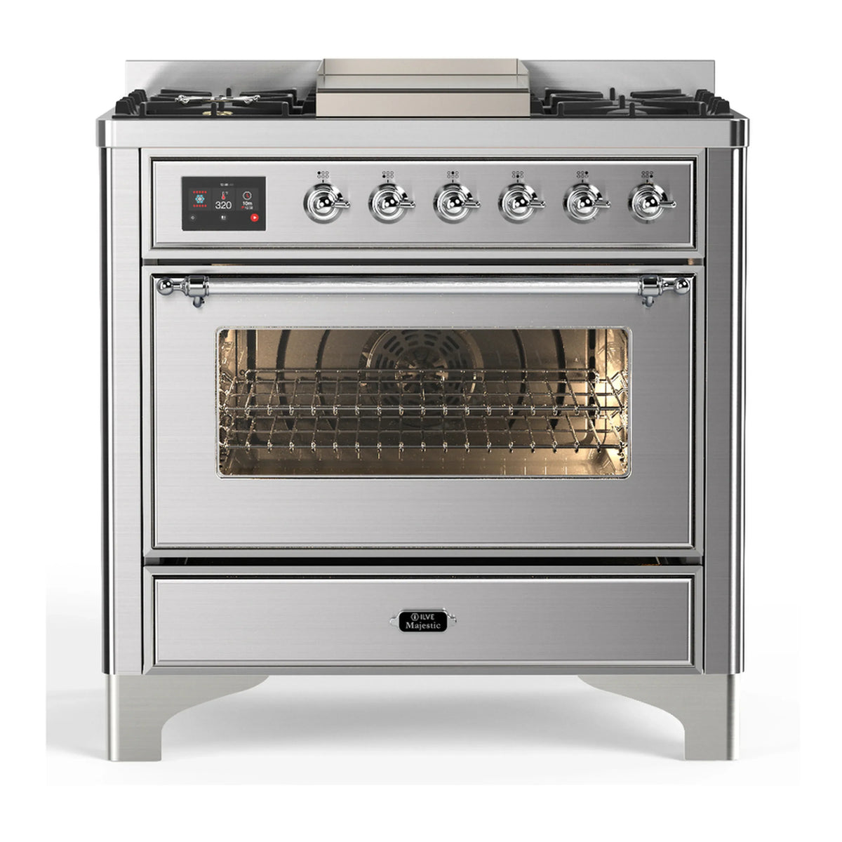ILVE Majestic III 36-Inch Propane Dual Fuel Range, 5 Burners, Griddle, Triple Glass Door, Stainless Steel with Chrome Trim (UM36FNR3SSCLP)
