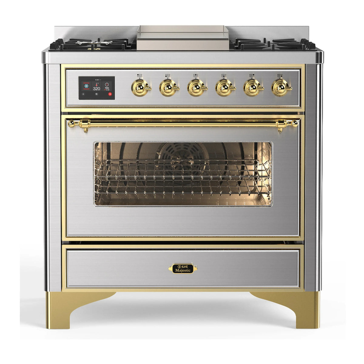 ILVE Majestic III 36-Inch Natural Gas Dual Fuel Range, 6 Burners, Griddle, Triple Glass Door, Stainless Steel with Brass Trim (UM36FNR3SSG)