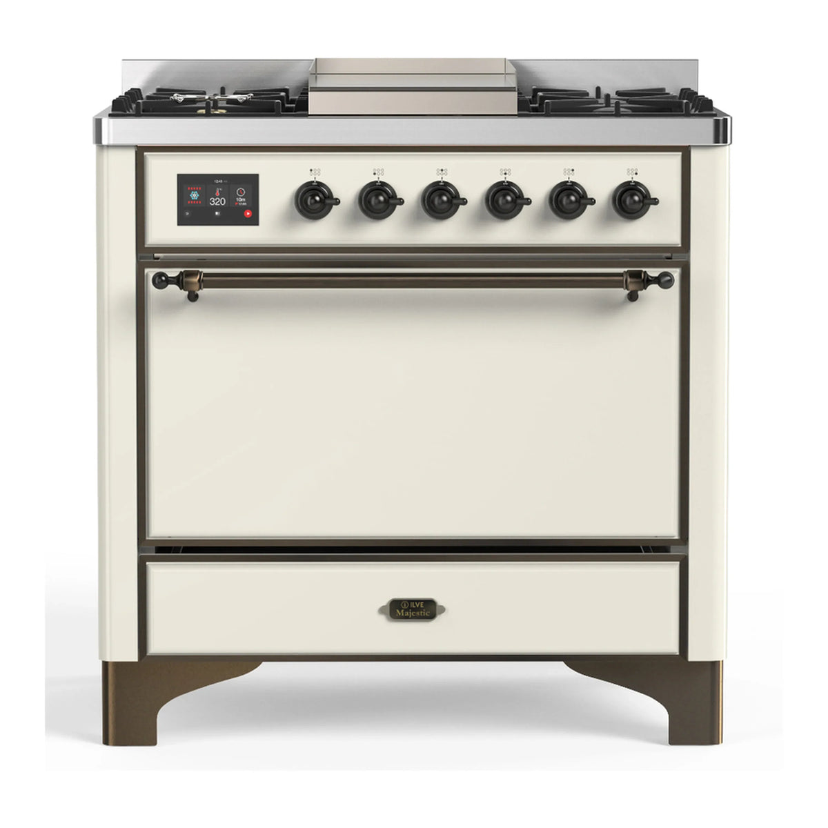 ILVE Majestic III 36-Inch Propane Dual Fuel Range, 5 Burners, Griddle, Solid Door, Antique White with Burnished Trim (UM36FQNR3AWBLP)
