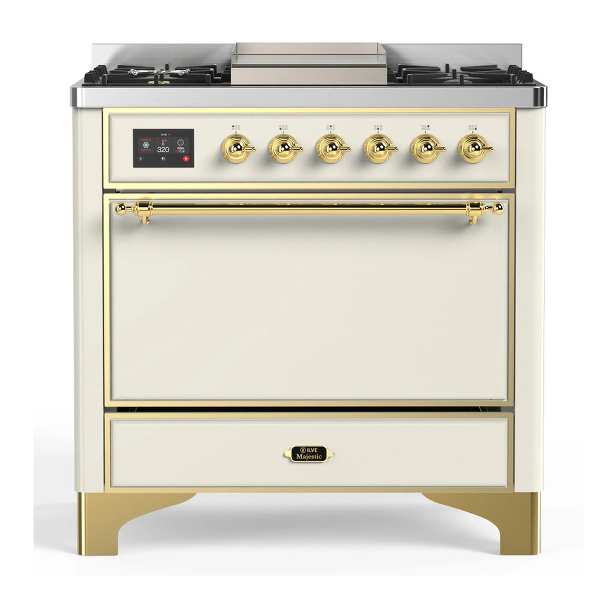 ILVE Majestic III 36-Inch Propane Dual Fuel Range, 5 Burners, Griddle, Solid Door, Antique White with Brass Trim (UM36FQNR3AWGLP)