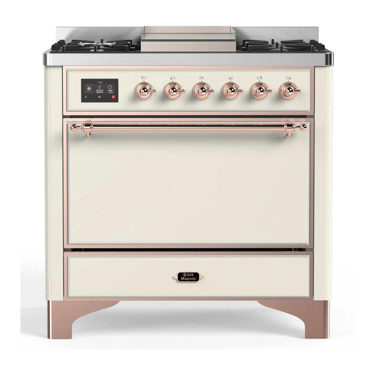 ILVE Majestic III 36-Inch Propane Dual Fuel Range, 5 Burners, Griddle, Solid Door, Antique White with Copper Trim (UM36FQNR3AWPLP)