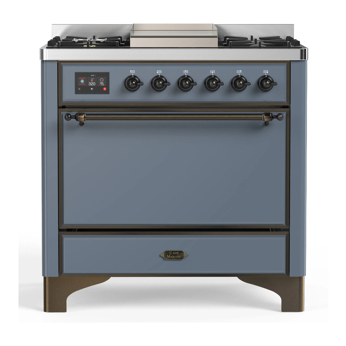 ILVE Majestic III 36-Inch Propane Dual Fuel Range, 5 Burners, Griddle, Solid Door, Blue Grey with Burnished Trim (UM36FQNR3BGBLP)