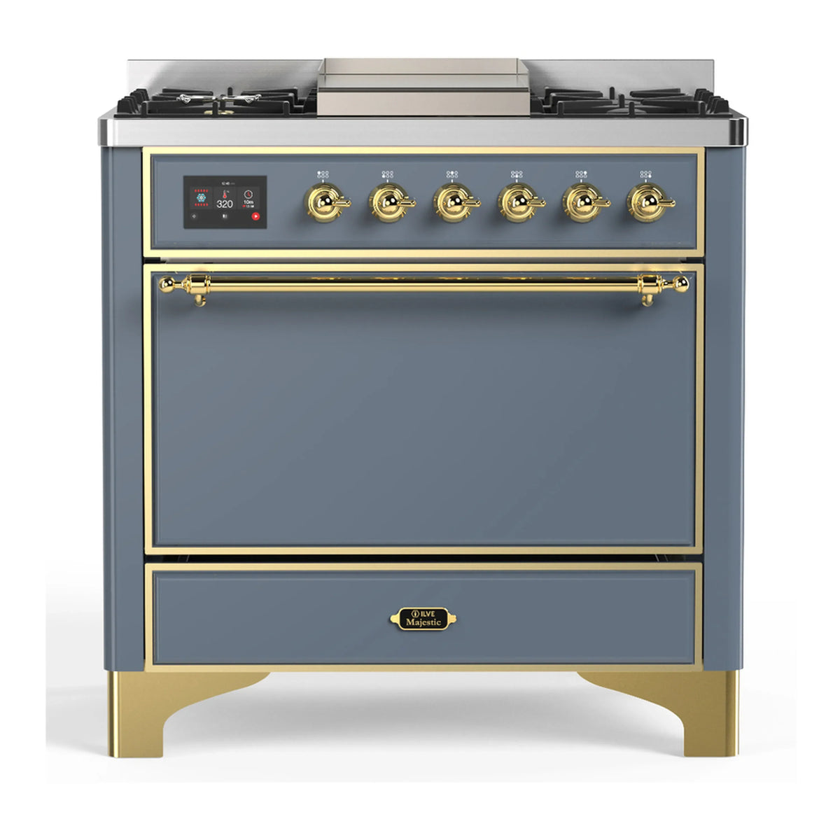 ILVE Majestic III 36-Inch Natural Gas Dual Fuel Range, 6 Burners, Griddle, Solid Door, Blue Grey with Brass Trim (UM36FQNR3BGG)