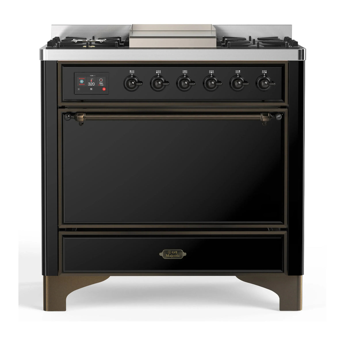 ILVE Majestic III 36-Inch Propane Dual Fuel Range, 5 Burners, Griddle, Solid Door, Glossy Black with Burnished Trim (UM36FQNR3BKBLP)