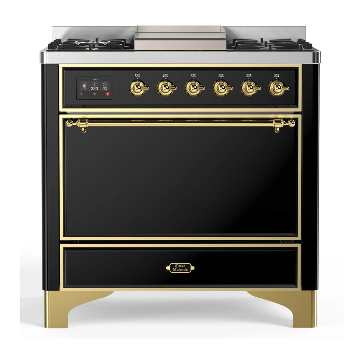 ILVE Majestic III 36-Inch Natural Gas Dual Fuel Range, 6 Burners, Griddle, Solid Door, Glossy Black with Brass Trim (UM36FQNR3BKG)