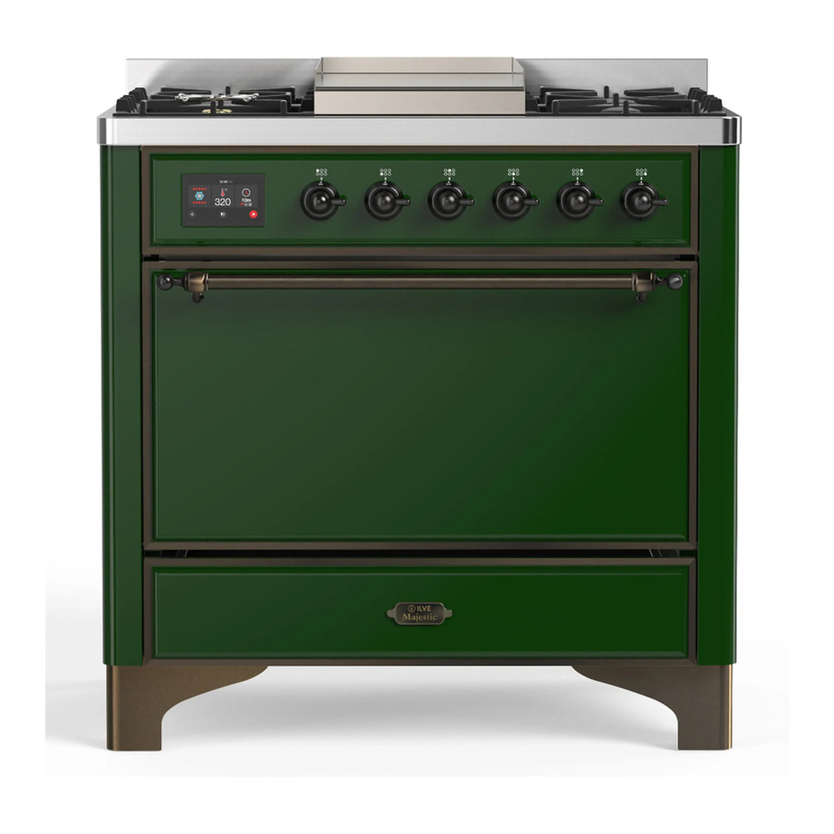 ILVE Majestic III 36-Inch Propane Dual Fuel Range, 5 Burners, Griddle, Solid Door, Emerald Green with Burnished Trim (UM36FQNR3EGBLP)