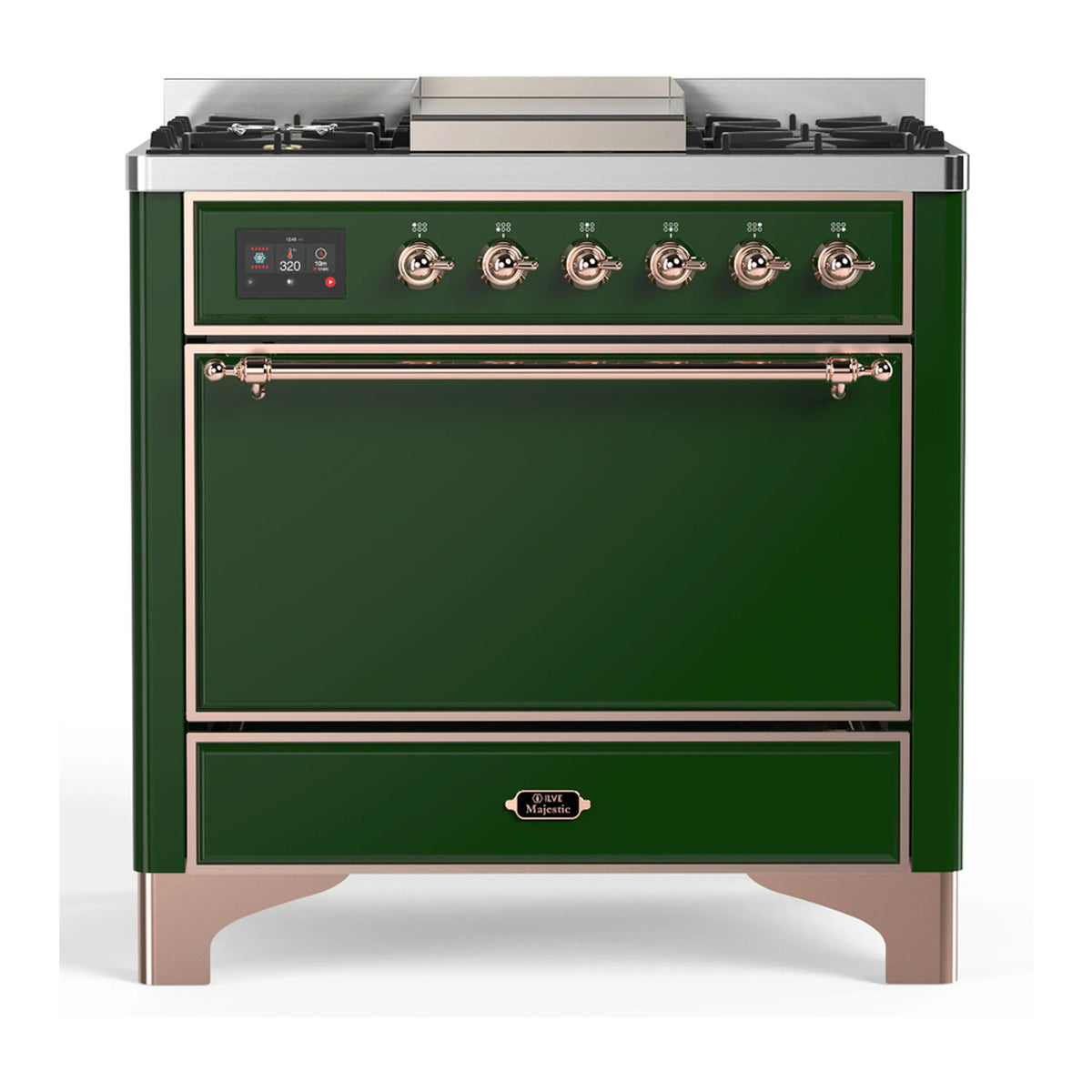 ILVE Majestic III 36-Inch Natural Gas Dual Fuel Range, 6 Burners, Griddle, Solid Door, Emerald Green with Copper Trim (UM36FQNR3EGP)