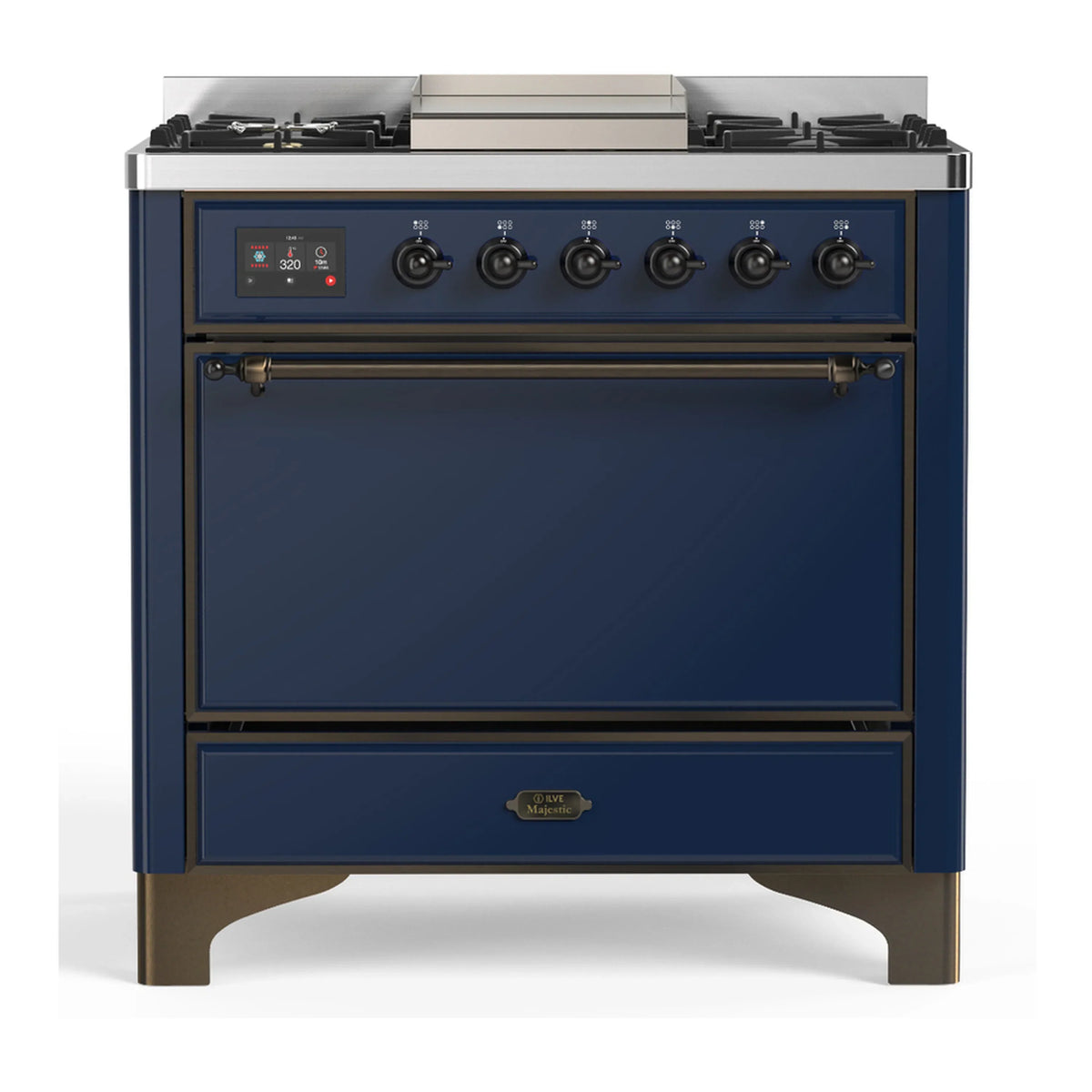 ILVE Majestic III 36-Inch Propane Dual Fuel Range, 5 Burners, Griddle, Solid Door, Midnight Blue with Burnished Trim (UM36FQNR3MBBLP)