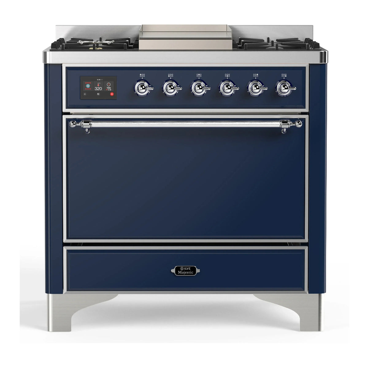 ILVE Majestic III 36-Inch Propane Dual Fuel Range, 5 Burners, Griddle, Solid Door, Midnight Blue with Chrome Trim (UM36FQNR3MBCLP)
